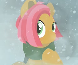 Size: 1451x1200 | Tagged: safe, artist:spookapi, imported from derpibooru, babs seed, clothes, cute, female, looking at you, older, scarf, snow, snowfall, solo