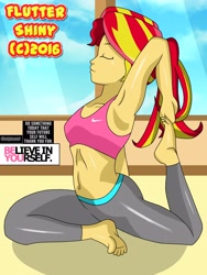 Size: 1920x2560 | Tagged: safe, artist:swagalicious-tony, artist:tonylixious, imported from derpibooru, sunset shimmer, equestria girls, armpits, barefoot, belly button, clothes, eyes closed, feet, female, midriff, nike, older, solo, sports bra, stretching, tight clothing, wide hips, yoga, yoga pants