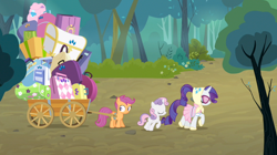 Size: 1178x660 | Tagged: safe, imported from derpibooru, screencap, rarity, scootaloo, sweetie belle, sleepless in ponyville, camping outfit, luggage, luggage cart