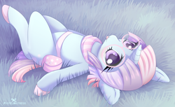 Size: 900x551 | Tagged: safe, artist:pastelmistress, deleted from derpibooru, imported from derpibooru, oc, oc only, oc:pastel dream, pony, unicorn, belt, clothes, glasses, grass, looking at you, lying, on back, scarf, smiling, solo, tongue out