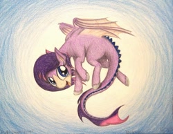 Size: 1015x788 | Tagged: safe, artist:thefriendlyelephant, imported from derpibooru, oc, oc only, dracony, hybrid, birthday gift, flying, solo, traditional art