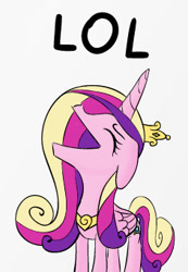 Size: 236x342 | Tagged: safe, artist:cogweaver, imported from derpibooru, princess cadance, :v, cadance laughs at your misery, dialogue, exploitable meme, female, lol, mare, meme, reaction image, simple background, solo, white background