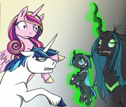 Size: 1000x852 | Tagged: safe, artist:scynthias, imported from derpibooru, princess cadance, queen chrysalis, shining armor, oc, oc:indomitable heart, changeling, hybrid, child of rape, glowing horn, interspecies offspring, magic, mommy chrissy, offspring, parent:queen chrysalis, parent:shining armor, parents:shining chrysalis, story included, telekinesis