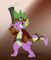 Size: 849x1000 | Tagged: safe, artist:dfectivedvice, artist:longren, color edit, edit, imported from derpibooru, spike, colored, gun, male, pistol, solo, steampunk