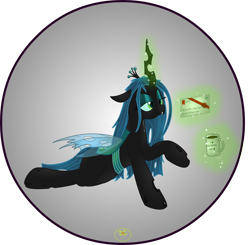 Size: 5000x4899 | Tagged: safe, artist:lakword, imported from derpibooru, queen chrysalis, changeling, changeling queen, absurd resolution, coffee, coffee mug, female, letter, lying down, magic, mug, simple background, smiling, solo, transparent background