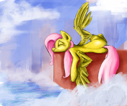 Size: 1920x1606 | Tagged: safe, artist:red, imported from derpibooru, fluttershy, eyes closed, female, prone, solo, spread wings