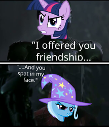 Size: 705x821 | Tagged: safe, imported from derpibooru, trixie, twilight sparkle, pony, unicorn, no second prances, angry, female, green goblin, mare, meta, photoshop, smug, spider-man