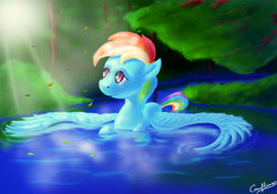 Size: 1024x717 | Tagged: safe, artist:coco-flame, imported from derpibooru, rainbow dash, crepuscular rays, female, forest, looking away, looking up, peaceful, solo, spread wings, swimming, water