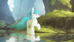Size: 2561x1440 | Tagged: safe, artist:fuzzyfox11, imported from derpibooru, oc, oc only, forest, reflection, solo, water