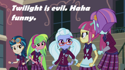 Size: 1280x720 | Tagged: safe, edit, imported from derpibooru, screencap, indigo zap, lemon zest, sour sweet, sugarcoat, sunny flare, equestria girls, friendship games, clothes, crystal prep academy uniform, crystal prep shadowbolts, glasses, goggles, headphones, inverted mouth, school uniform, shadow five, text
