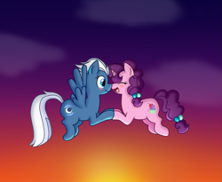 Size: 1491x1224 | Tagged: safe, artist:tarana10, imported from derpibooru, night glider, sugar belle, blushing, cute, eyes closed, female, floating, flying, happy, holding hooves, how, lesbian, open mouth, shipping, smiling, sugarglider, sunset