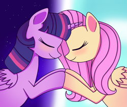 Size: 1283x1078 | Tagged: safe, artist:tarana10, imported from derpibooru, fluttershy, twilight sparkle, alicorn, pony, cute, day, duo, duo female, eyes closed, female, folded wings, happy, holding hooves, lesbian, mare, night, shipping, smiling, twilight sparkle (alicorn), twishy