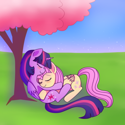 Size: 1500x1500 | Tagged: safe, artist:tarana10, imported from derpibooru, fluttershy, twilight sparkle, alicorn, pegasus, pony, cherry blossoms, cherry tree, cuddling, cute, duo, duo female, eyes closed, female, flower, flower blossom, folded wings, happy, holding, lesbian, mare, nap, shipping, sleeping, smiling, snuggling, tree, twilight sparkle (alicorn), twishy, under the tree