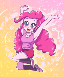 Size: 2868x3472 | Tagged: safe, artist:sumin6301, imported from derpibooru, pinkie pie, equestria girls, armpits, belly button, blushing, clothes, cute, diapinkes, excited, female, happy, jumping, looking at you, midriff, open mouth, shorts, slippers, solo, tanktop