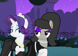 Size: 1024x747 | Tagged: safe, artist:cheezedoodle96, artist:trainman3985, imported from derpibooru, octavia melody, rarity, pony, alternate hairstyle, audrey hepburn, bedroom eyes, breakfast at tiffany's, clothes, dress, duo, evening gloves, eyeshadow, gloves, holly golightly, makeup, necklace, night, pantyhose, tiara, vector