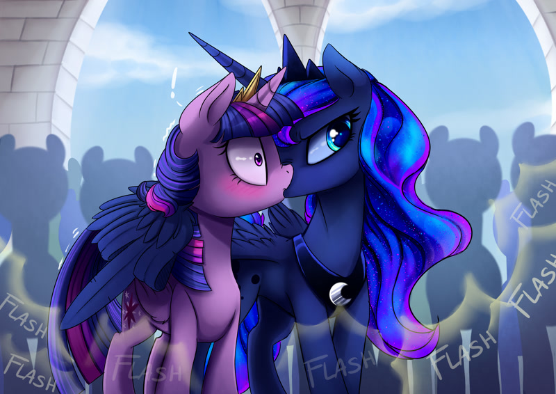 1141202 - safe, twilight sparkle, princess luna, female, pony, mare,  alicorn, shipping, blushing, cute, twilight sparkle (alicorn), lesbian,  hug, kissing, wide eyes, fluffy, twiabetes, colored pupils, glare,  exclamation point, lunabetes, nose wrinkle,