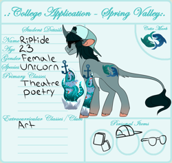 Size: 2257x2136 | Tagged: safe, artist:electrorat, imported from derpibooru, oc, oc only, oc:riptide, classical unicorn, backwards ballcap, bio, hat, leonine tail, solo, sunglasses, tattoo, unshorn fetlocks