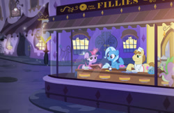 Size: 1200x779 | Tagged: safe, artist:pixelkitties, imported from derpibooru, donut joe, spike, trixie, twilight sparkle, pony, unicorn, cafe, female, fine art parody, food, mare, nighthawks, parody