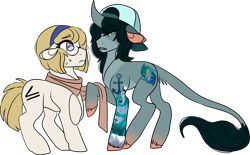 Size: 2843x1757 | Tagged: safe, artist:electrorat, imported from derpibooru, oc, oc only, oc:angie, oc:riptide, classical unicorn, backwards ballcap, clothes, glasses, hat, leonine tail, scarf, sweat, tattoo, unshorn fetlocks