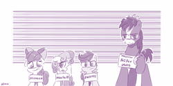 Size: 4000x2000 | Tagged: safe, artist:dilarus, deleted from derpibooru, imported from derpibooru, apple bloom, scootaloo, sweetie belle, trouble shoes, meet-the-pones, appleoosa's most wanted, bad end, crying, cutie mark crusaders, floppy ears, mugshot, sad