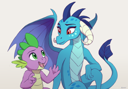 Size: 1520x1058 | Tagged: safe, artist:akeahi, imported from derpibooru, princess ember, spike, dragon, gauntlet of fire, duo, female, looking at each other, male, mare, open mouth, simple background, sitting, smiling, white background, wings