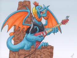 Size: 4380x3295 | Tagged: safe, artist:xeviousgreenii, imported from derpibooru, dragon lord torch, princess ember, dragon, electric guitar, female, guitar, musical instrument, solo, traditional art