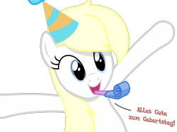 Size: 2640x1969 | Tagged: safe, artist:vectorfag, edit, imported from derpibooru, oc, oc only, oc:aryanne, earth pony, pony, birthday, bust, dialogue, german, happy, hat, open mouth, party hat, party horn, simple background, smiling, solo, spread legs, spreading, transparent background, vector, whistle