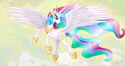 Size: 1366x728 | Tagged: safe, artist:gaelledragons, imported from derpibooru, princess celestia, female, flying, solo