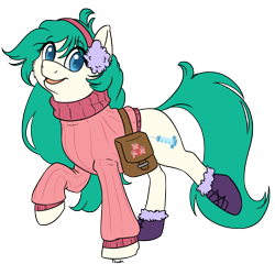 Size: 2400x2400 | Tagged: safe, artist:floots, imported from derpibooru, oc, oc only, oc:beryl, oc:beryl (smhac), earth pony, pony, boots, clothes, cute, earmuffs, fluttershy medical saddlebag, medical saddlebag, saddle bag, sweater, winter