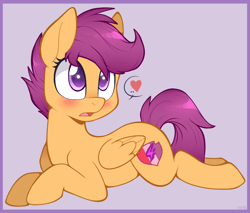 Size: 1000x850 | Tagged: safe, artist:higgly-chan, imported from derpibooru, scootaloo, pegasus, pony, blushing, cute, cutealoo, cutie mark, female, filly, folded wings, heart, open mouth, prone, simple background, solo, sploot, sweet dreams fuel, the cmc's cutie marks, wings