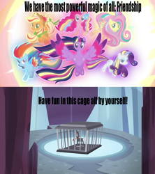 Size: 1280x1440 | Tagged: safe, imported from derpibooru, screencap, applejack, fluttershy, lord tirek, pinkie pie, rainbow dash, rarity, twilight sparkle, alicorn, pony, female, hypocrisy, image macro, irony, mane six, mare, meme, rainbow power, twilight sparkle (alicorn)