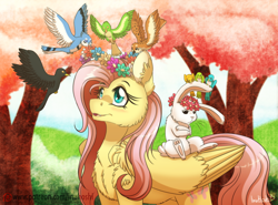 Size: 1024x756 | Tagged: safe, artist:inuhoshi-to-darkpen, imported from derpibooru, angel bunny, fluttershy, bird, cute, cute little fangs, floral head wreath, flower, patreon, patreon logo, shyabetes, wreath