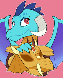 Size: 919x1125 | Tagged: safe, artist:itsaaudraw, imported from derpibooru, princess ember, dragon, gauntlet of fire, armor, bust, dragon armor, dragoness, female, helmet, pink background, portrait, simple background, solo, spread wings, wings