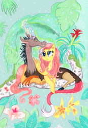 Size: 789x1140 | Tagged: safe, artist:praysforaprankster, imported from derpibooru, discord, fluttershy, draconequus, pegasus, pony, discoshy, duo, female, looking at each other, male, mare, marker drawing, plants, rainforest, shipping, straight, traditional art