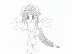 Size: 1312x997 | Tagged: safe, artist:crtical hit, imported from derpibooru, oc, oc only, oc:winter, pegasus, pony, fallout equestria, clothes, monochrome, solo, standing, traditional art