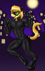 Size: 1312x2064 | Tagged: safe, artist:flameydragwasp, imported from derpibooru, braeburn, anthro, earth pony, unguligrade anthro, catsuit, chat noir, clothes, cosplay, costume, crossover, green eyes, male, miraculous ladybug, simple background, solo