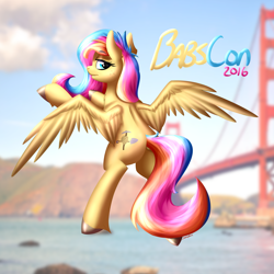 Size: 3000x3000 | Tagged: safe, artist:strachattack, imported from derpibooru, oc, oc only, oc:golden gates, babscon, babscon 2016, babscon mascots, bridge, flying