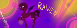 Size: 1024x381 | Tagged: safe, artist:metro scrunch, imported from derpibooru, oc, oc only, oc:raven aura, bat pony, pony, electric guitar, fire, guitar, musical instrument, solo, stylized, text