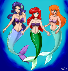 Size: 1500x1575 | Tagged: safe, artist:johnjoseco, color edit, colorist:lanceomikron, edit, imported from derpibooru, rarity, human, mermaid, ariel, belly button, breasts, busty rarity, cleavage, color, colored, crossover, disney, female, humanized, mermaidized, mermarity, midriff, misty, misty (pokémon), pokémon, seashell, the little mermaid