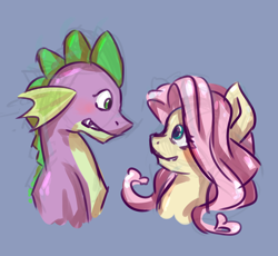 Size: 1280x1177 | Tagged: safe, artist:anastasia-airy, imported from derpibooru, fluttershy, spike, blushing, bust, female, flutterspike, looking at each other, love, male, portrait, shipping, simple background, smiling, straight