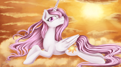 Size: 1800x1000 | Tagged: safe, artist:sakurawolfer, artist:wourdeluck, imported from derpibooru, princess celestia, cloud, crepuscular rays, female, prone, solo, sun