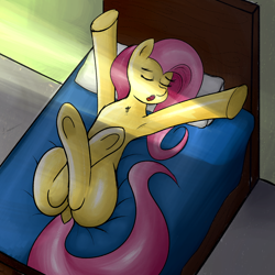 Size: 1800x1800 | Tagged: artist needed, source needed, safe, imported from derpibooru, fluttershy, pegasus, pony, armpits, bed, cute, dock, female, on back, shyabetes, sleeping, sleepy, solo, underhoof