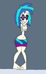 Size: 955x1509 | Tagged: safe, artist:hunterxcolleen, imported from derpibooru, dj pon-3, vinyl scratch, human, equestria girls, belly button, bikini, clothes, cold, feet, female, freezing, freezing fetish, humanized, shivering, shorts, skirt, snow, solo, swimsuit