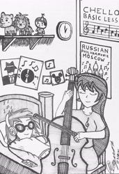 Size: 2148x3147 | Tagged: safe, artist:php71, deleted from derpibooru, imported from derpibooru, dj pon-3, octavia melody, vinyl scratch, equestria girls, bedroom, female, headphones, hidden message, monochrome, relaxing, studying, traditional art, zarathustra