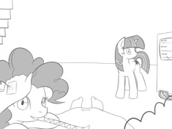 Size: 1024x768 | Tagged: safe, artist:vulapa, imported from derpibooru, pinkie pie, twilight sparkle, oc, oc:anon, human, pony, clothes, cute, cyoa, cyoa:life in ponyville, diapinkes, first person view, hospital gown, monochrome, offscreen character, petting, pov, story included