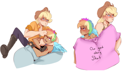 Size: 2415x1387 | Tagged: safe, artist:sundown, imported from derpibooru, applejack, rainbow dash, human, applebucking thighs, get along shirt, humanized, noogie, winged humanization