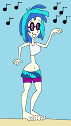 Size: 955x1681 | Tagged: safe, artist:hunterxcolleen, imported from derpibooru, dj pon-3, vinyl scratch, human, equestria girls, 1000 hours in ms paint, beach, belly button, bikini, clothes, dancing, feet, female, humanized, ms paint, music, music notes, shorts, skirt, solo, swimsuit