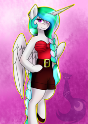 Size: 1065x1500 | Tagged: safe, artist:blackdark143, imported from derpibooru, princess celestia, anthro, unguligrade anthro, arm hooves, braid, braided tail, clothes, female, shorts, solo