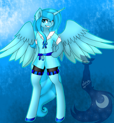 Size: 1325x1432 | Tagged: safe, artist:blackdark143, imported from derpibooru, princess luna, anthro, unguligrade anthro, arm hooves, clothes, ear fluff, female, grin, s1 luna, shirt, shorts, solo, spread wings