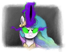 Size: 800x636 | Tagged: safe, artist:hewison, imported from derpibooru, princess celestia, the crystal empire, dark magic, female, jewelry, magic, scene interpretation, solo, sombra eyes, tiara